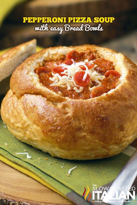 Pepperoni Pizza Soup in Bread Bowls Fire Roasted Tomato Soup, Bread Bowl Soup, Homemade Bread Bowls, Bread Bowl Recipe, Quick Soup Recipes, Pizza Soup, Creamy Tomato Basil Soup, The Slow Roasted Italian, Homemade Bread Easy