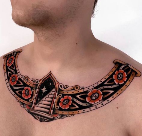 Traditional Tattoo Torso, Old School Sleeve, Traditional Chest Tattoo, Bull Skull Tattoos, Old School Tattoos, Chest Ideas, Throat Tattoo, Traditional Style Tattoo, Torso Tattoos