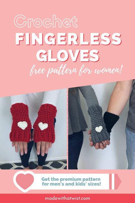 Add a pop of color and some extra warmth to your Valentine’s Day outfit with these adorable crochet fingerless gloves. They work up quickly with a small amount of worsted weight yarn, which makes them a great item for selling on Etsy or at craft fairs. Get the crochet pattern free at Made With a Twist! Or grab the premium pattern to make them in men’s and children’s sizes, too! #crochetvalentinepattern #crochetglovesfreepattern #freecrochetpatterns #valentinescrochet Crocheted Fingerless Gloves, Crochet Gloves Free Pattern, Crochet Fingerless Gloves Free Pattern, Gloves Crochet Pattern, Fingerless Gloves Crochet, Crochet Mitts, Alana Blanchard, Crochet Wrist Warmers, Crochet Bloggers