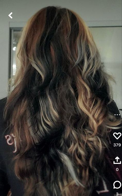 Brunette Hair Ideas Colour, Calico Hair Balayage, Half Bottom Hair Dyed, Subtle Calico Hair Brown, Muted Calico Hair, Hairdye Inspo Long Hair, What Should I Dye My Hair, Long Calico Hair, Chunky Calico Hair