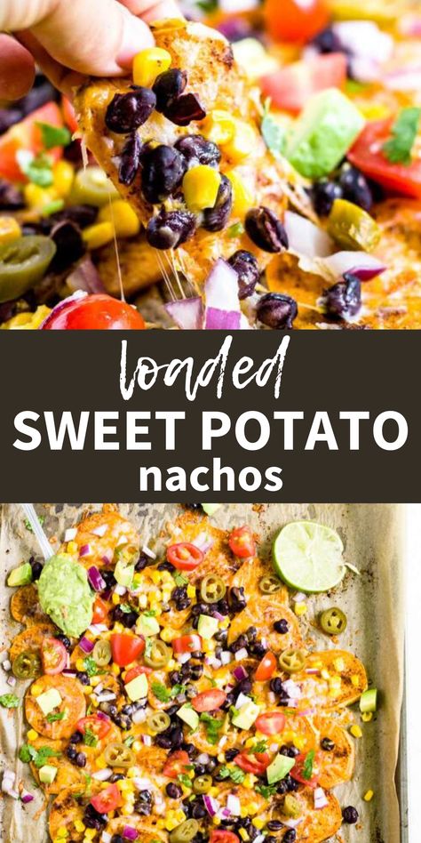 Sheet pan sweet potato nachos are loaded with healthy ingredients like black beans, corn and avocado. Customize this healthy appetizer to make it vegan, paleo or top with whatever you have in the pantry. This recipe makes a great appetizer or make a smaller batch for lunch! Nacho Toppings, Potato Nachos, Sweet Potato Nachos, Black Beans Corn, Healthy Appetizer, Loaded Sweet Potato, Healthy Ingredients, Great Appetizers, Healthy Appetizers