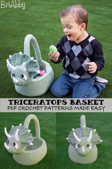 Crochet Easter Basket Free Pattern, Dinosaur Easter Basket, Crochet Triceratops, Easter Basket Pattern, Crochet Easter Basket, Single Crochet Decrease, Crochet Baskets, Crochet Dinosaur, Easter Crochet Patterns