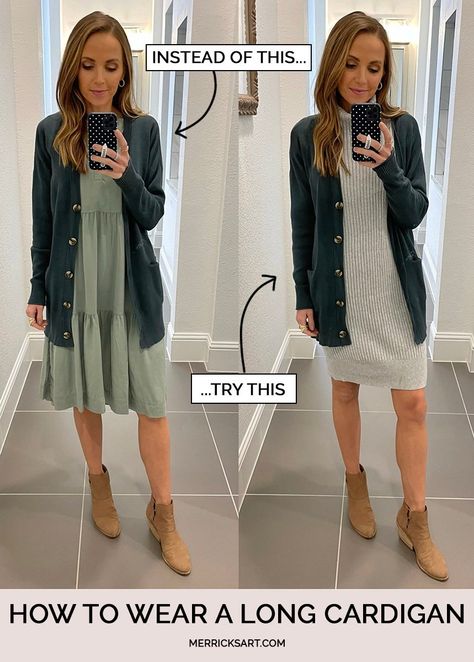 Trendy Tuesday: Long Cardigan Outfits - Merrick's Art Long Dress Long Cardigan, Duster Cardigan With Dress, Cardigans And Dresses, Summer Dresses With Cardigans, Cardigans Over Dresses, Dresses With Long Cardigans, Coat Cardigan Outfit, Midi Cardigan Outfit, Cardigan Over Turtleneck