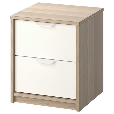 IKEA - ASKVOLL, 2-drawer chest, white stained oak effect, white, Smooth running drawers with pull-out stop. Can also be used as a nightstand. The drawer holds about 5 pairs of folded pants or 10 T-shirts. Ikea Askvoll, Big Dresser, Malm Bed, White Bed Frame, Three Drawer Chest, Ikea Desk, Stained Oak, Master Room, Drawer Space