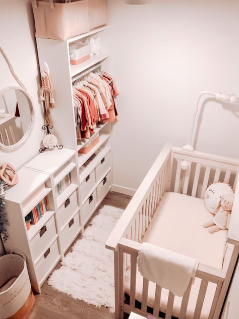 Crib Closet Nursery, Closet Turned Into Nursery, Narrow Nursery Layout, Nursery In Walk In Closet, Billy Bookcase Nursery, Ikea Billy Bookcase Closet, Closet Nursery Ideas Walk In, Walk In Closet Nursery Converted, Closet Nursery Converted