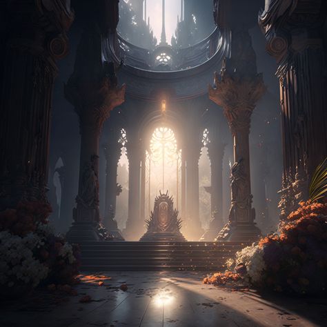 Fantasy Alter Concept Art, Abandoned Throne Room, Evil Fantasy Castle, Ruined Throne Room, Medieval Castle Interior Concept Art, Fantasy Castle Throne Room, Fantasy Training Grounds, Dark Throne Room, Throne Room Fantasy Art