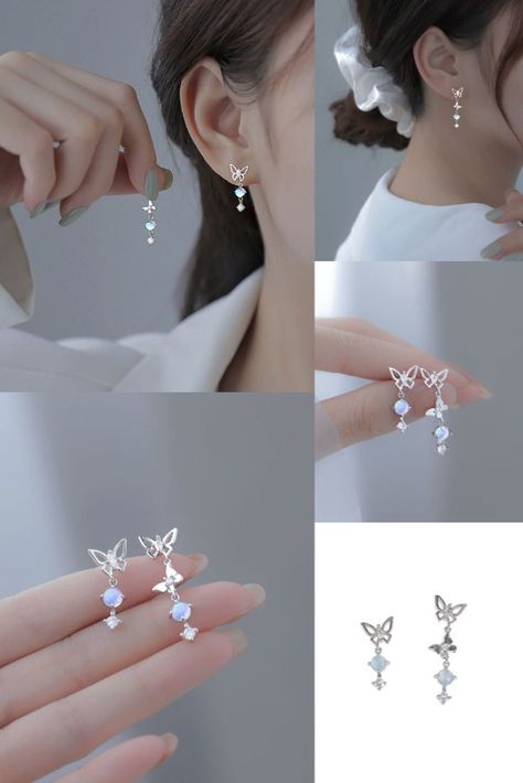 Elegant Butterfly Opal Ear Drop Zircon Animal Accessory Jewelry Gift For Girl Irregular Silver Women's Earrings Studs Pretty Earrings Studs, Fashion Earrings Studs, Simple Silver Earrings, Ear Drop, Pretty Jewelry Necklaces, Fancy Jewellery Designs, Accessory Jewelry, Womens Earrings Studs, Fancy Earrings