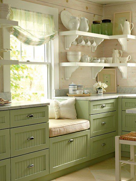 green cabinets Model Dapur, Cheap Cabinets, Kitchen Design Color, Green Kitchen Cabinets, Beautiful Kitchen Designs, Cottage Kitchens, Kitchen Cabinet Colors, Kitchen Remodeling Projects, Trendy Kitchen