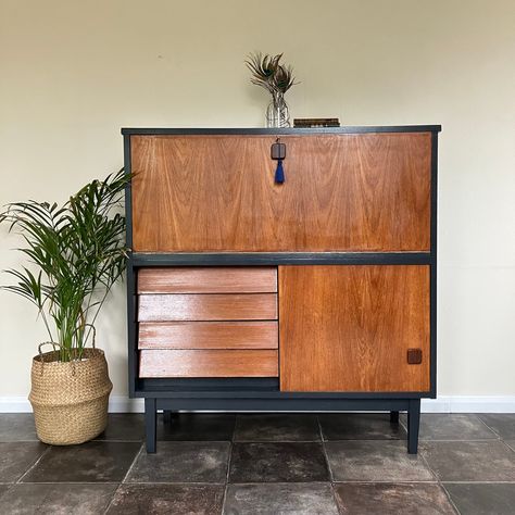 Pull Down Cabinet, Farrow And Ball Off Black, Mid Century Paint, Mirrored Cabinet, Cocktail Cabinet, Farrow And Ball, Small Cabinet, Drinks Cabinet, Cabinet Cupboard