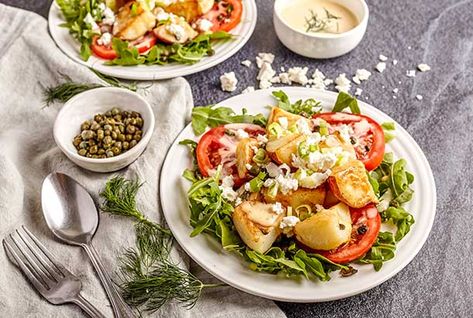 Mediterranean Fried Potato, Tomato and Arugula Salad How To Lower Cholesterol, Salad Mediterranean, Bill Bradley, Mediterranean Foods, Mediterranean Cooking, To Lower Cholesterol, Mediterranean Meals, Fried Potato, Mediterranean Diet Meal Plan