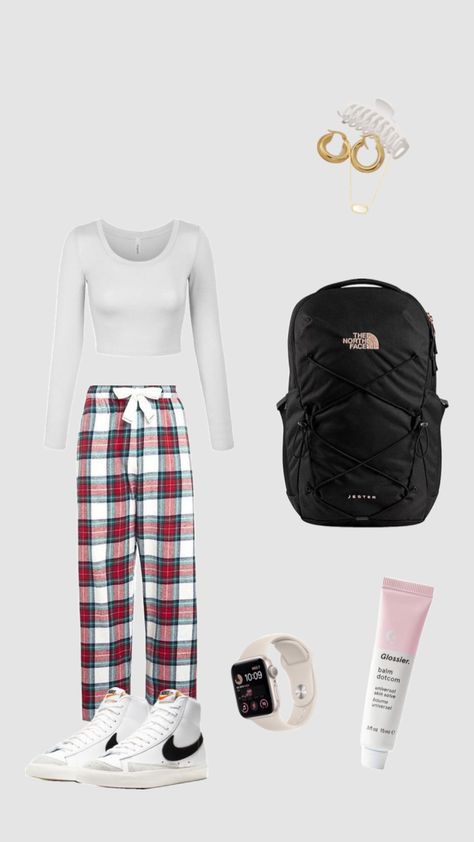 #schoo#schoolfit #outfitinspo #fitspo #plaid #pjpants #northface #thenorthface Outfits With Pj Pants, Plaid Pj Pants Outfit, Pajama Pants Outfit For School, Pj Pants Outfit, Pajama Pants Outfit, Plaid Pj Pants, Christmas Fits, Winter Outfits For School, Teen Outfits