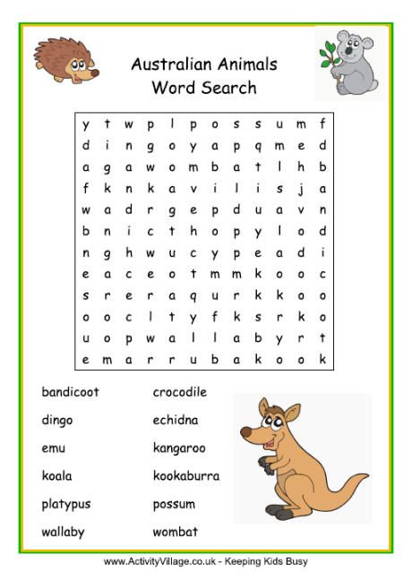 Australian animals word search - I like this as a reminder that something as simple as a word search can be a fun way to familiarise students with different animals Australian Activities, Possum Magic, Australia For Kids, Australian Nursery, Australia Crafts, Word Search For Kids, Activity Village, Chirstmas Decor, Australian Wildlife