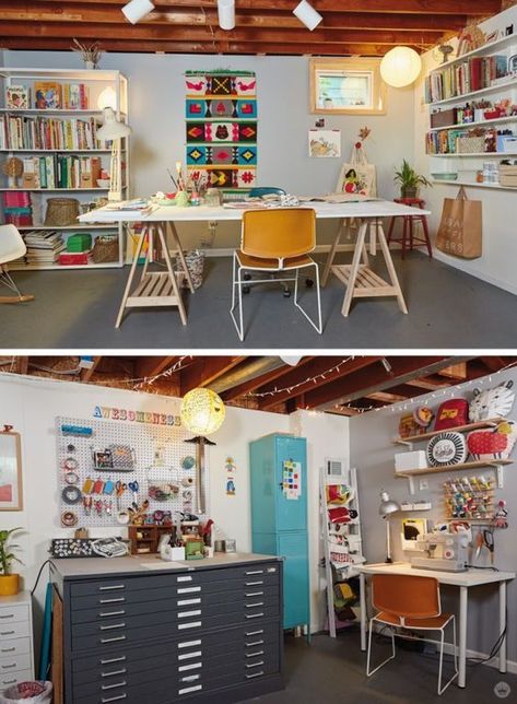 Garage Art Studio, Home Art Studios, Creative Home Office, Craft Studios, Design Studio Workspace, Basement Studio, Art Studio Space, Garage Studio, Art Studio Room