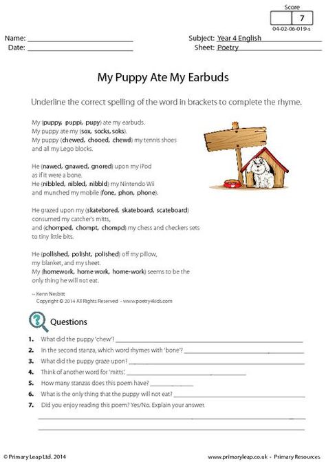 PrimaryLeap.co.uk - Poetry - My Puppy Ate My Earbuds Worksheet Poem Comprehension Worksheets, Year 4 English, Primary Worksheets, Poetry Worksheets, Creative Writing Exercises, World Poetry Day, Cloze Activity, Free Worksheets For Kids, Describing Words