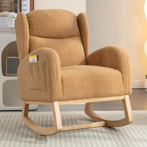 Upholstered Rocking Chairs, Glider Rocking Chair, Modern Rocking Chair, Wood Rocking Chair, Mid Century Modern Armchair, Wingback Armchair, Patterned Chair, Teddy Fabric, Tufted Arm Chair