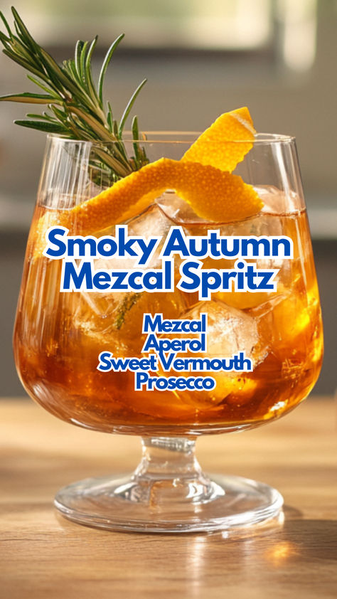 Smoky Autumn Mezcal Spritz Autumn Aperol Spritz, Fall And Winter Cocktails, Fall Champagne Cocktails, Mezcal Spritz, Fall Spritz, Sweet Vermouth Cocktails, Aperol Cocktails, Vermouth Cocktail, Mezcal Cocktails