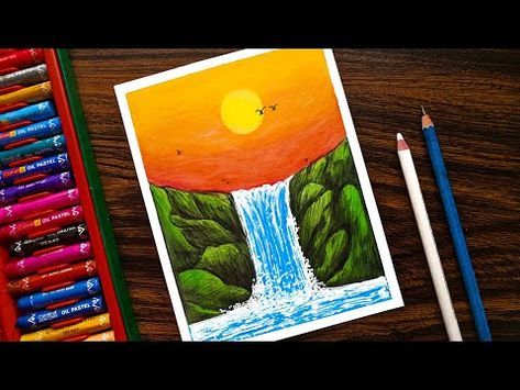 Waterfall Drawing for beginners with Oil Pastels step by step - YouTube Waterfall Drawing, Oil Pastel Techniques, Oil Pastel Landscape, Pastel Colors Art, Waterfall Scenery, Oil Pastel Drawings Easy, Oil Pastel Colours, Oil Pastel Paintings, Pastel Portraits