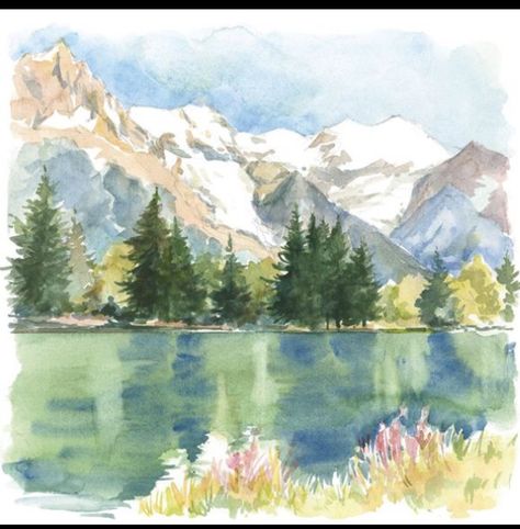 Watercolor Inspo Landscape, Mountain Watercolour Painting, Mountain Lake Watercolor, Watercolor Paintings Landscape Beautiful, Watercolor Lake Scene, Landscape Watercolor Paintings, Colorado Watercolor, Mountains Watercolor, Mountain Watercolor