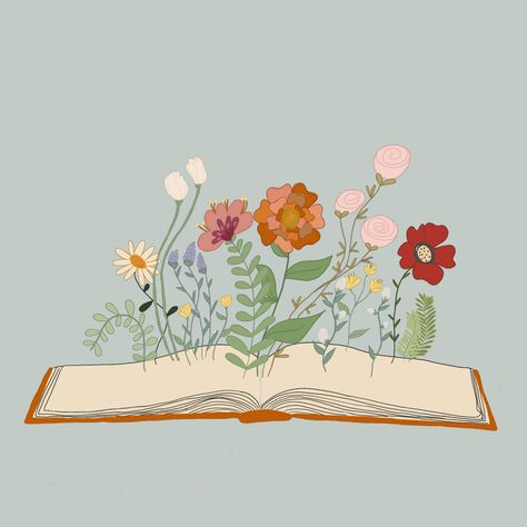 Journal With Flowers, Writer Art Illustration, Spring Aesthetic Illustration, Books Aesthetic Cartoon, Books Illustration Art, Book Lovers Art, Book With Flowers, Books And Flowers, Books Illustration