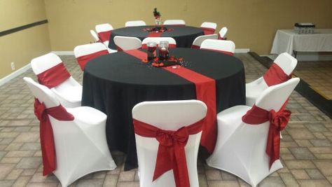 Red Black And White Table Setting, Red Black And White Sweet 16 Decorations, Sweet 16 Decorations Red And Black, Red And Black Table Decorations Quinceanera, Red Black Silver Wedding Decorations, Elegant Black And White And Red Wedding Table Decor, Red And Black Banquet Decor, Rock And Roll Theme Party, Black Silver Wedding