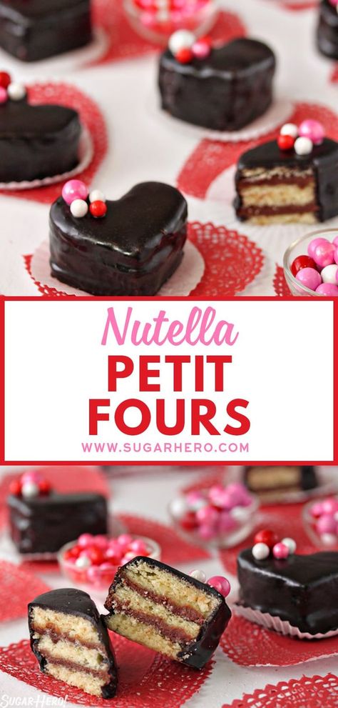 Nutella Pound Cake Petit Fours have big flavor in a small package! These sweet heart-shaped desserts are perfect for Valentine's Day or any special occasion. | From SugarHero.com   #sugarhero #valentinesdaydessert #petitfours  via @sugarhero Cake Petit Fours, Petit Four Recipes, Moroccan Desserts, Nutella Desserts, Quick Cake, Tea Party Food, Unique Desserts, Small Desserts, Mini Cookies