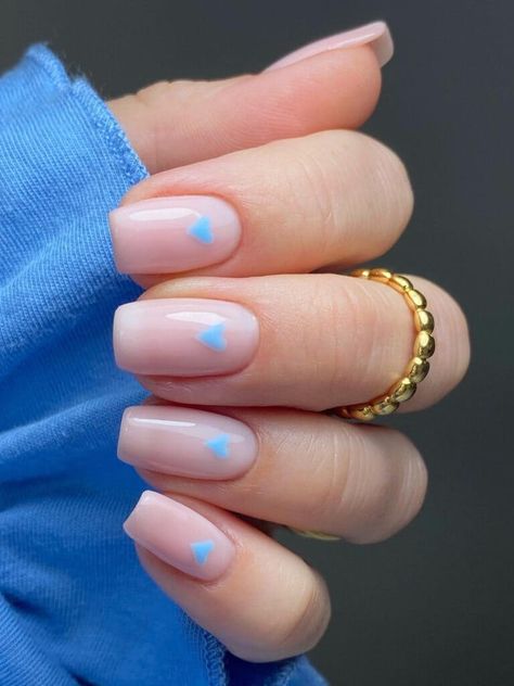 Short, nude nails with light blue heart accents Nails Baby Blue, Light Blue Nail Designs, Baby Shower Nails, Biab Nails, Toenail Art, Purple Ombre Nails, Blue Ombre Nails, Blue And White Nails, Blue Glitter Nails