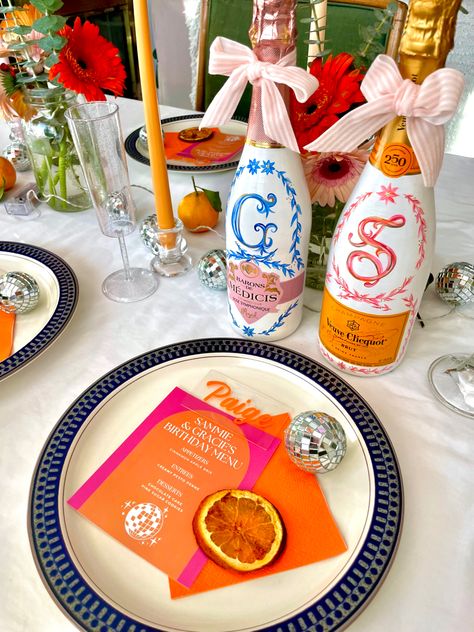 Pink and orange themed birthday party Veuve Clicquot Nails, Veuve Bridal Shower Theme, Veuve Clicquot Birthday, Veuve Clicquot Party Decor, Veuve Party, Veuve Bachelorette, Veuve Cliquot, Bridal Shower Inspo, Painted Bottles