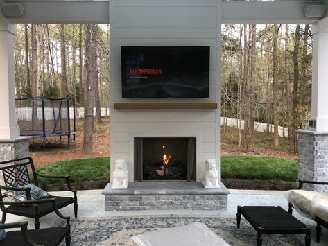 Shiplap Outdoor Fireplace Outdoor Fireplace Surround Ideas, Outdoor Fireplace With Siding, Outdoor Fireplace Back Porch, Shiplap Fireplace Outdoor, Simple Back Porch Fireplace, Outdoor Fireplace Shiplap, Outdoor Fireplace Attached To Patio, Gas Fireplace Patio, Hardy Board Outdoor Fireplace