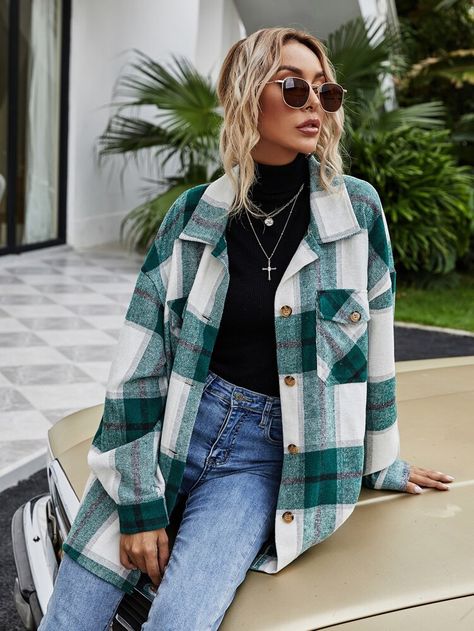 Plaid Button Front Oversized Overshirt | SHEIN ASIA Blue Shirt Women, Streetwear Fall, Oversized Button Down Shirt, Thick Coat, Flannel Women, Long Sleeve Jacket, Coat Winter, Plaid Fabric, Plaid Jacket