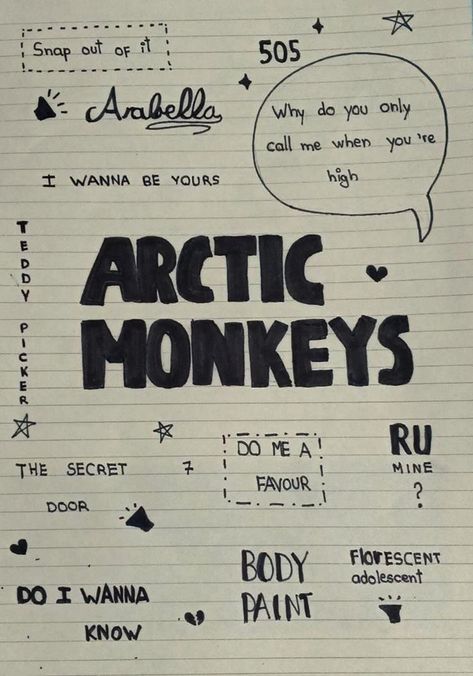 Artic Monkeys Drawing Easy, Things To Draw On Notebook Cover, Artic Monkey Nails, I Love This Song, Arctic Monkeys Doodles, Arctic Monkeys Drawing Ideas, Arctic Monkeys Sketch, Snap Out Of It Arctic Monkeys, Arctic Monkeys Drawing