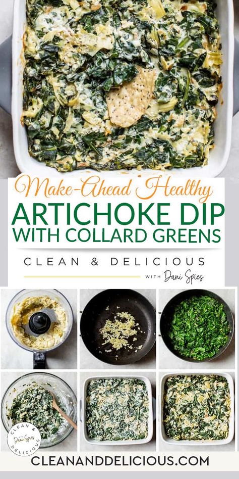 This healthy artichoke dip is a blend of cooked collard greens, two types of cheese and artichokes, all baked together to melted cheesy perfection. An easy make-ahead party snack that’s sure to be a crowd pleaser. I’m a big fan of hot cheesy dips, especially when I’m throwing a party. This healthy artichoke dip with collard greens is the perfect dish to bring to your Super Bowl party or any special occasion. | @danispies #healthyartichokedip #healthygamedayfood #healthyhotdiprecipes Collard Dip Recipe, Collard Dip, Healthy Artichoke Dip, Cheesy Dips, Family Meal Prep, Healthy Kid Friendly Meals, Healthy Winter Meals, Collard Greens Recipe, Baked Artichoke