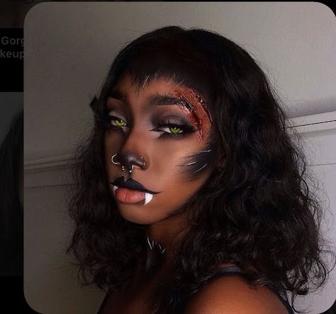 Wolf Nose Makeup, Werewolf Female Aesthetic, Werewolf Cosplay Female, She Wolf Costume Makeup, Wolf Costume Women Makeup, Wolf Make Up Halloween, Werewolf Makeup Female Halloween, Werewolf Halloween Costume Women, Female Werewolf Costume