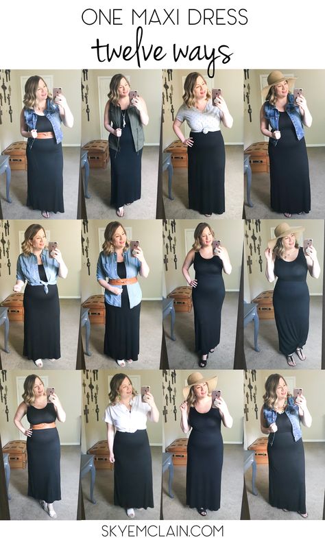 Styling A Black Maxi Dress For Winter, Maxi Dress At Work, Dressy Casual Skirt Outfits, Maxi Dress Capsule Wardrobe, Black Maxi Dress With Sweater Over It, Styling Maxi Dresses Summer, One Dress Many Ways, How To Style Long Maxi Dress, Teacher Maxi Dress Outfit