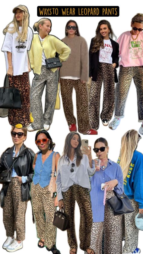 Ways to style leopard pants for fall Leopard Pants Women, 90s Leopard Fashion, Cheetah Print Pants Outfit Work, Cheetah Pants Outfit Fall, Cheetah Jeans Outfit Fall, Leopard Print Flare Pants, Wide Leg Cheetah Pants Outfit, 35 Outfits Style, Leopard Print Flare Pants Outfit