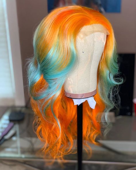 Fun Wigs, Body Wave Lace Front Wig, Hair Orange, Bangs Ponytail, Wave Lace Front Wig, Pretty Braids, Creative Hair Color, Purple Wig, Green Wig