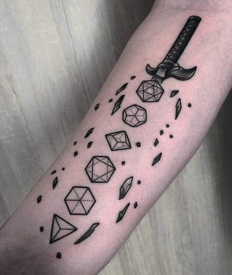 Barbarian Dnd, Fandom Tattoos, Calf Tattoo Men, Dice Tattoo, Wand Tattoo, D Tattoo, Dagger Tattoo, Calf Tattoo, Book Tattoo