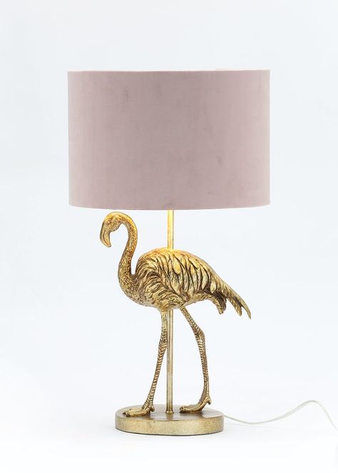 Flo Flamingo Table Lamp (H55cm x W30cm) – Gold – Matalan Gold Decor Party, Silver And Gold Party, Black And Gold Room, Gold And Black Decor, Flamingo Table, Velvet Lampshade, White And Gold Decor, Led Desk Lighting, Gold Room