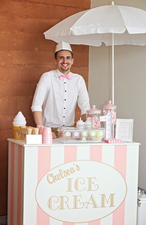 Pink Ice Cream Birthday Party, Ice Cream Party Set Up, Elegant Ice Cream Party, Ice Cream Cart Birthday Party, Ice Cream Dessert Table, Vintage Ice Cream Party, Ice Cream Cart Party, I’ve Cream Cart, Ice Cream Pop Up Store