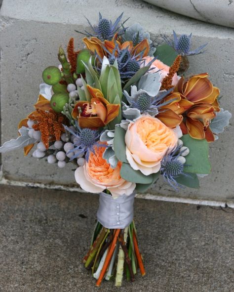 Blue orange bouquet bride gray Blush And Grey Wedding, Bride Bouquets White, Autumn Tea Party, Blue Flower Arrangements, Fairy Woodland, Fall Tea, Orange Bouquets, Orange Wedding Flowers, Sending Flowers