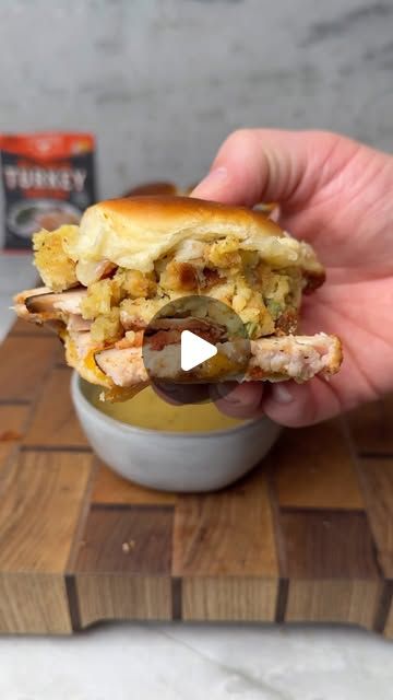 Nick Nesgoda on Instagram: "Leftover Turkey Sliders

This is one of the best uses of leftover turkey. 

Recipe
• Season turkey breast with Chicka Bam Bam from @fireandsmokesociety 
• Insert the @meatermade Pro Duo
• Smoke the turkey breast at 275 for two hours on the @kamadojoe 
• Remove the turkey once it reaches 160°F internal temp then slice against the grain
• Fry 1 lb of bacon until crispy then chop up
• Assemble the sliders with cheddar cheese, leftover turkey, bacon, 2 tablespoons butter, leftover stuffing, pepper jack cheese
• Bake at 350F for 15 minutes
• Serve with Turkey Gobbler gravy from @fireandsmokesociety 

.

.

#delicious #cooking #thanksgiving" Season Turkey Breast, Smoked Turkey Recipes Leftover, Leftover Turkey Sliders, Season Turkey, Turkey Breast Recipes, Leftover Stuffing, Turkey Sliders, Cheese Bake, Deli Turkey