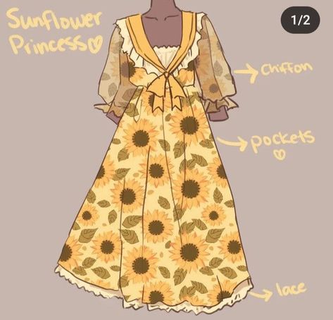 Cute Outfit Ideas Drawing, Field Dress, Sunflower Dress, Clothing Sketches, Dress Design Drawing, Dress Sets, Clothing Design Sketches, Sunflower Field, Drawing Anime Clothes