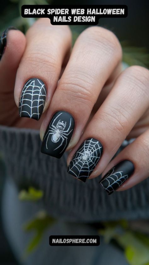 Embrace the eerie elegance of Halloween with this spider web nail design that is sure to make your skin crawl—in the best way! These matte black nails are adorned with meticulously detailed white spider webs and a chillingly realistic spider. The contrast between the dark, matte base and the intricate white designs creates a hauntingly beautiful effect, perfect for the spooky season. Spider Web Nail Design, Web Nail Design, Pumpkin Spice Nails, Bat Nails, Spider Queen, White Spider, Queen Nails, Matte Black Nails, Zombie Hand