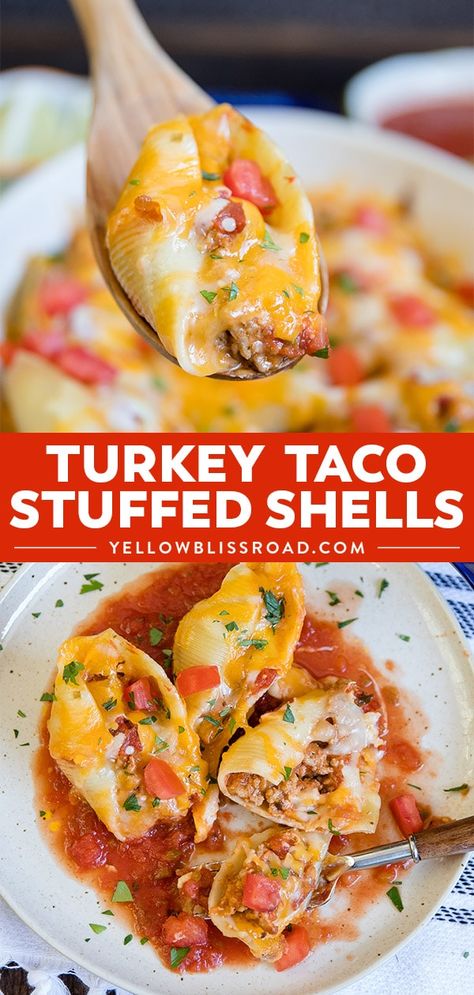 Jumbo pasta shells stuffed with lean ground turkey taco meat, cheese and salsa. Turkey Taco Stuffed Shells are an easy weeknight dinner option! Ground Turkey Taco Meat, Pasta Shells Stuffed, Ground Turkey Pasta, Shells Stuffed, Ricotta Recipe, Ground Turkey Tacos, Turkey Pasta, Turkey Taco, Jumbo Pasta Shells