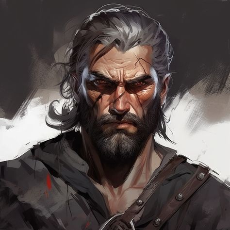 He's a man in his forties, with short brown hair, shaved on the sides, and tanned skin. A scar over his left eye has made him one-eyed. The Witcher portrait style Eye Scar, Dark Heresy, Skins Characters, Tanned Skin, Left Eye, Short Brown Hair, Knight Armor, Face Characters, Fantasy Story