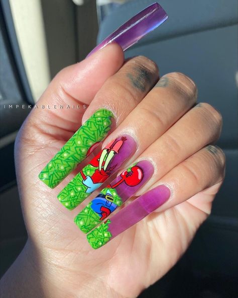 7,740 Likes, 123 Comments - i m PEKA b l e 👽🧚🏽‍♀️🐐 (@impekablenails) on Instagram: “When you mix Jelly with Fetty 🤑🍇💦  I hope you like @spongebob @nickelodeon 💚 Thank you all for all…” Spongebob Nail Art, Spongebob Nails, Stilleto Nails Designs, Nails 2016, Clear Acrylic Nails, Cute Acrylic Nail Designs, Nail Art Set, Dope Nail Designs, Exotic Nails