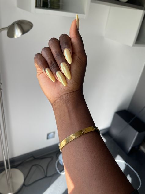 Butter Yellow Nails, Yellow Chrome Nails, Edgy Nails, Yellow Nails, Hand Jewelry, Chrome Nails, Gold Nails, Dope Nails, Black Nails