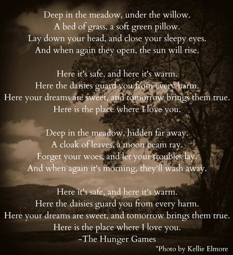 The song katniss sings to prim and rue. I realise now that prim is Willow Shield. Her name is in that song!! Hunger Games Quotes Katniss, Hunger Games Song, Rue Hunger Games, Hunger Games Katniss, Hunger Games Quotes, District 12, Coriolanus Snow, Ballad Of Songbirds And Snakes, Songbirds And Snakes