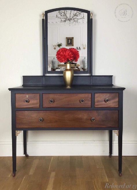 Gorgeous dressing table painted in Vintro Victorian Black and sealed with clear wax. The detail is highlighted in Rustoleum Gold paint. Dressing Table Revamp, Dressing Table Paint, Bolton England, Period Home, Revamp Furniture, Upscale Furniture, Black Bedroom Furniture, Upcycled Furniture Diy, Using Chalk Paint