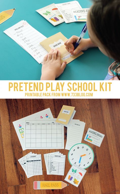 Pretend Play Printable school Kit includes grade books, report card, attendence, spelling sheets, calendar and more! Playing Teacher Pretend, Pretend School Dramatic Play, Play School Ideas, School Pretend Play, Pretend Play School, Pretend School, Spell Book Printable, Pretend Play Printables, Play Printables