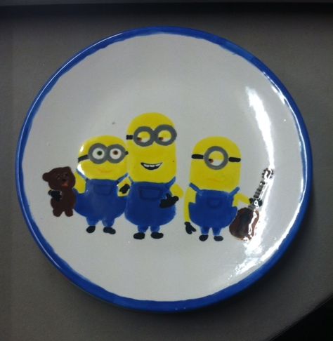 Minion Plate | Paint Your Own Pottery | Paint Your Pot | Cary, North Carolina Minion Plate, Pottery Painting Ideas, Clay Plates, Pottery Projects, Paint Your Own Pottery, Pottery Inspiration, Ceramic Plate, Cute Family, Pottery Painting